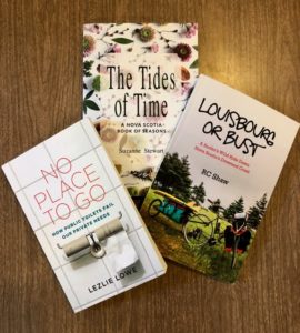 Books covers of No Place To Go, Louisbourg or Bust, and The Tides of Time