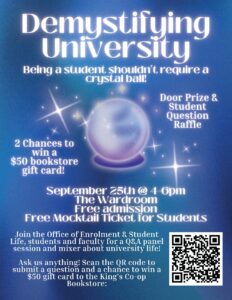 a poster with a crystal ball surrounded by sparkles on a blue/purple background