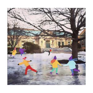 A wintry, hand-painted picture of ice skaters in the King's Quad, with the library in the background