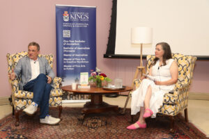 Dr. Gillian Turnbull and Patrick Radden Keefe during Q&A in Alumni Hall.