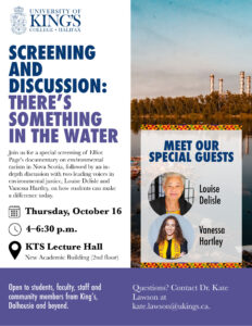 poster for screening of film includes picture of lake with industrial plant in background and the two featured speakers.