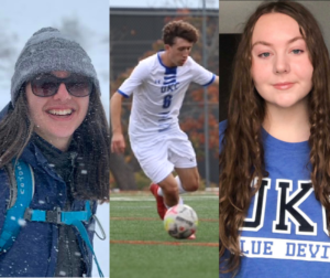 collage of 3 students - one hiking in snow, one playing soccer, one portrait wearing ukc blue devils shirt