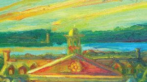 detail of painting of King's with A&A roof and cupola with colourful sky in background