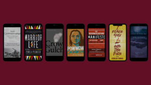 row of iphones displaying a book cover on each one from the Books by Heart app.