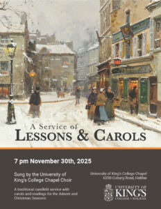 poster with painting of quaint English village in winter