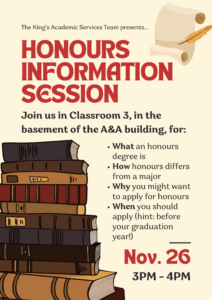 poster advertising the honours info session on november 26