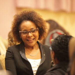 Former Governor General Michaelle Jean speaks to audience member at Fountain Memorial Lecture in 2011