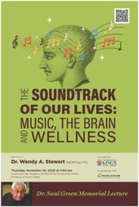 poster for saul green memorial lecture shows an historic drawing of a head in profile with musical notes floating around it. The background is lime green.