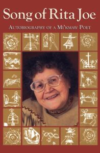 book cover with Rita Joe in centre surrounded by Mi'kmaw drawings