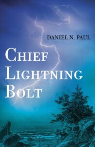 For Mi'kmaw History Month, a book with a lightning bolt from sky to background of water and fir trees