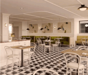 wide shot of bistro with black and white checked tile floor and white cafe chairs