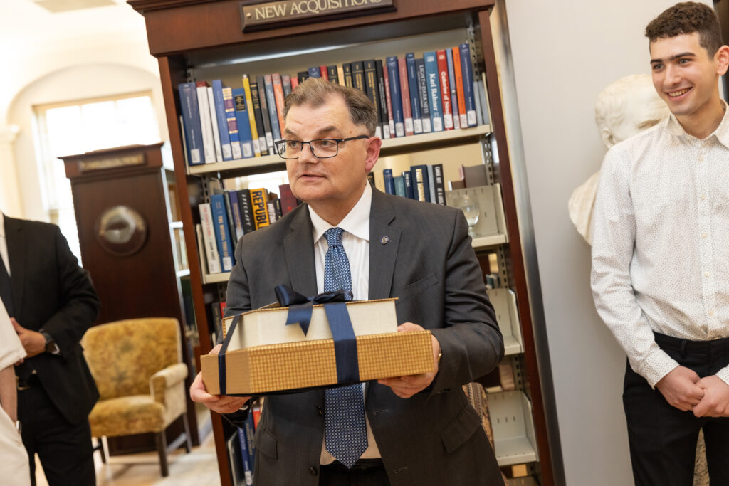 Pres Lahey accepting gift at his farewell