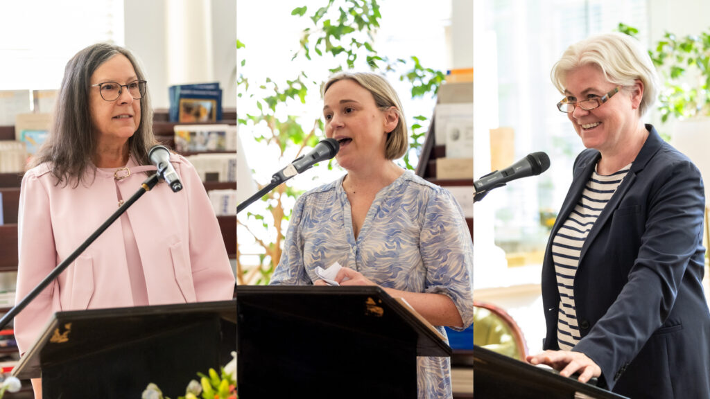 Debra Deane Little, Stephanie McGrath and Kim Brooks in a collage of them speaking at Pres. Lahey's farewell