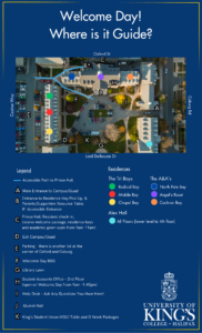 a poster with an aerial photo of the Quad with a key and legend for where everything is on campus for Welcome Day
