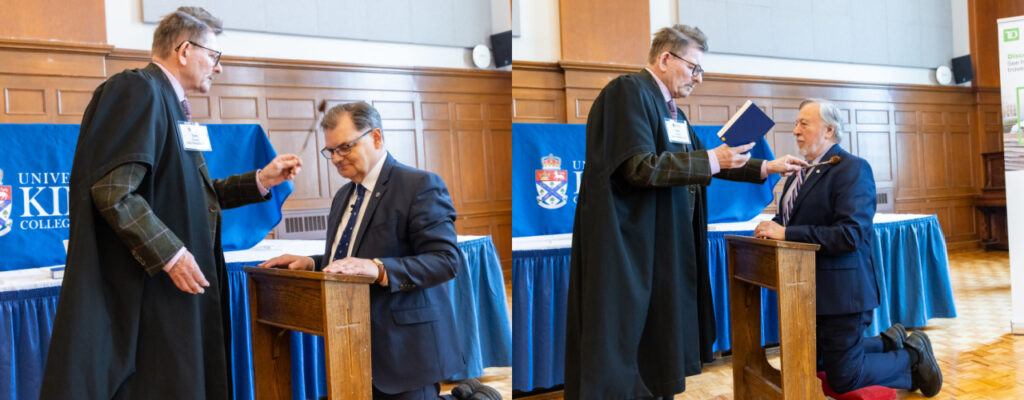 Inglis Prof Tom Curran inducts both Bill Lahey and Stephen Kimber into the OAC as they kneel and are tapped by the pine cone.