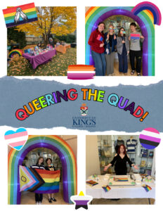 a poster with four photos from queering the quads of resource tables and people gathered in support