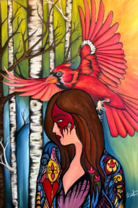 a painting by Mi'kmaw artist Jessica Jerome depicting a woman in a birch forest with a cardinal flying above her head