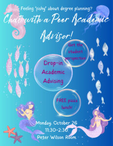 blue poster with fish and mermaids with tag line: feeling fishy about degree planning?