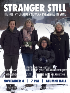 event poster with four people standing in the snow with train tracks receding into background